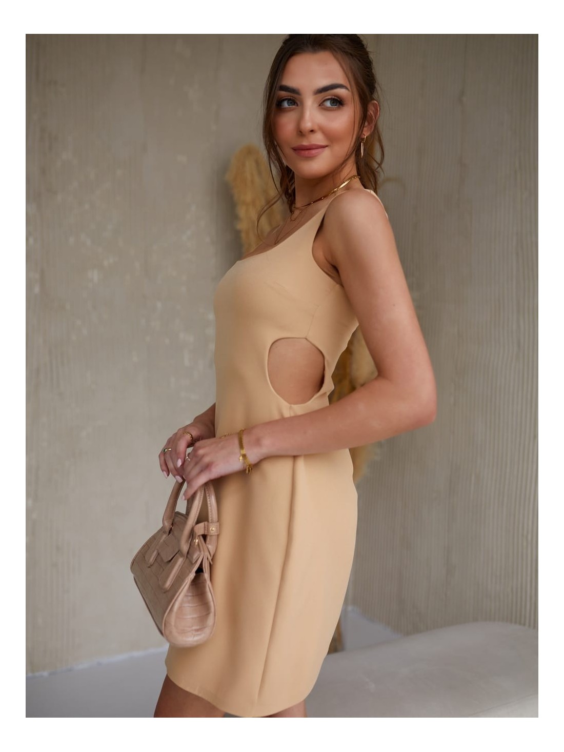 Elegant dress on straps with cutouts, beige 110547 - Online store - Boutique